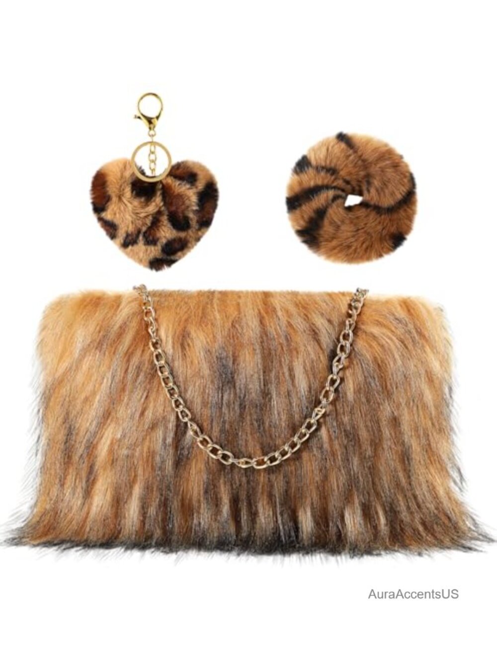 Faux Fur Handbag Set with Hair Tie & Heart Keychain Fuzzy Clutch Purse